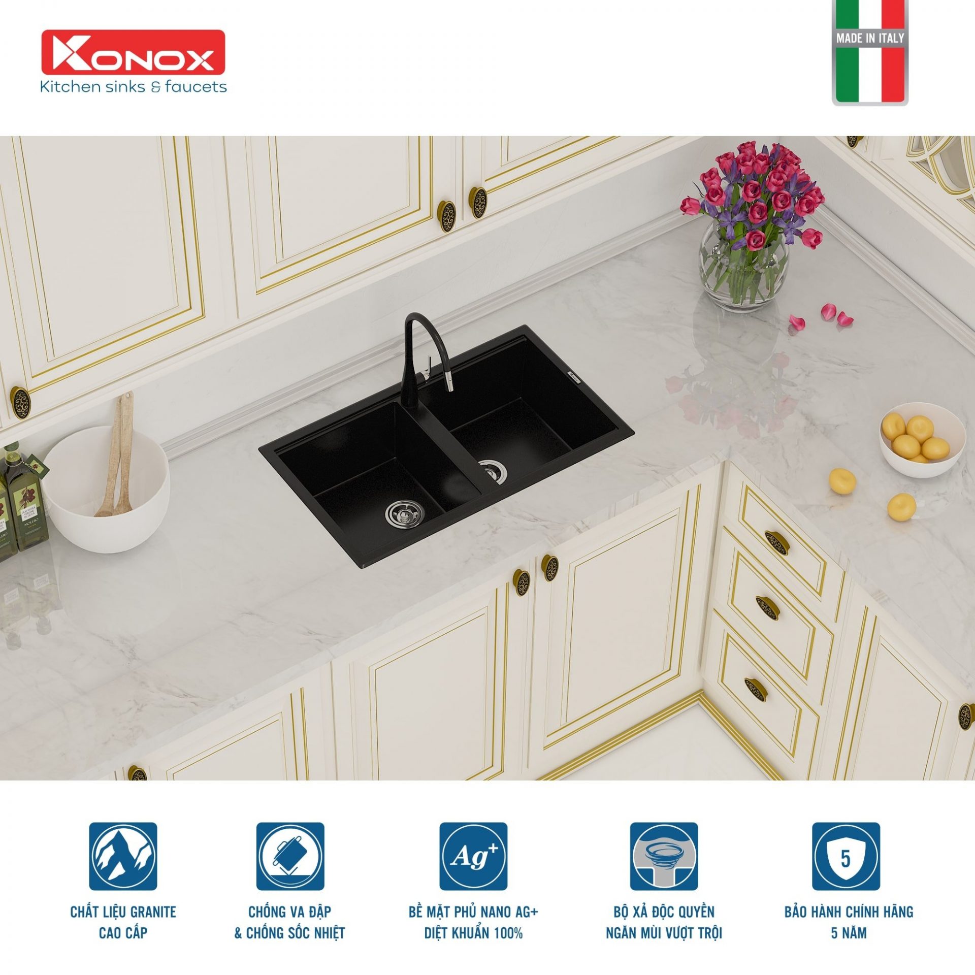 Chậu Rửa Bát Đá KONOX Granite Sink Phoenix 860 – Black