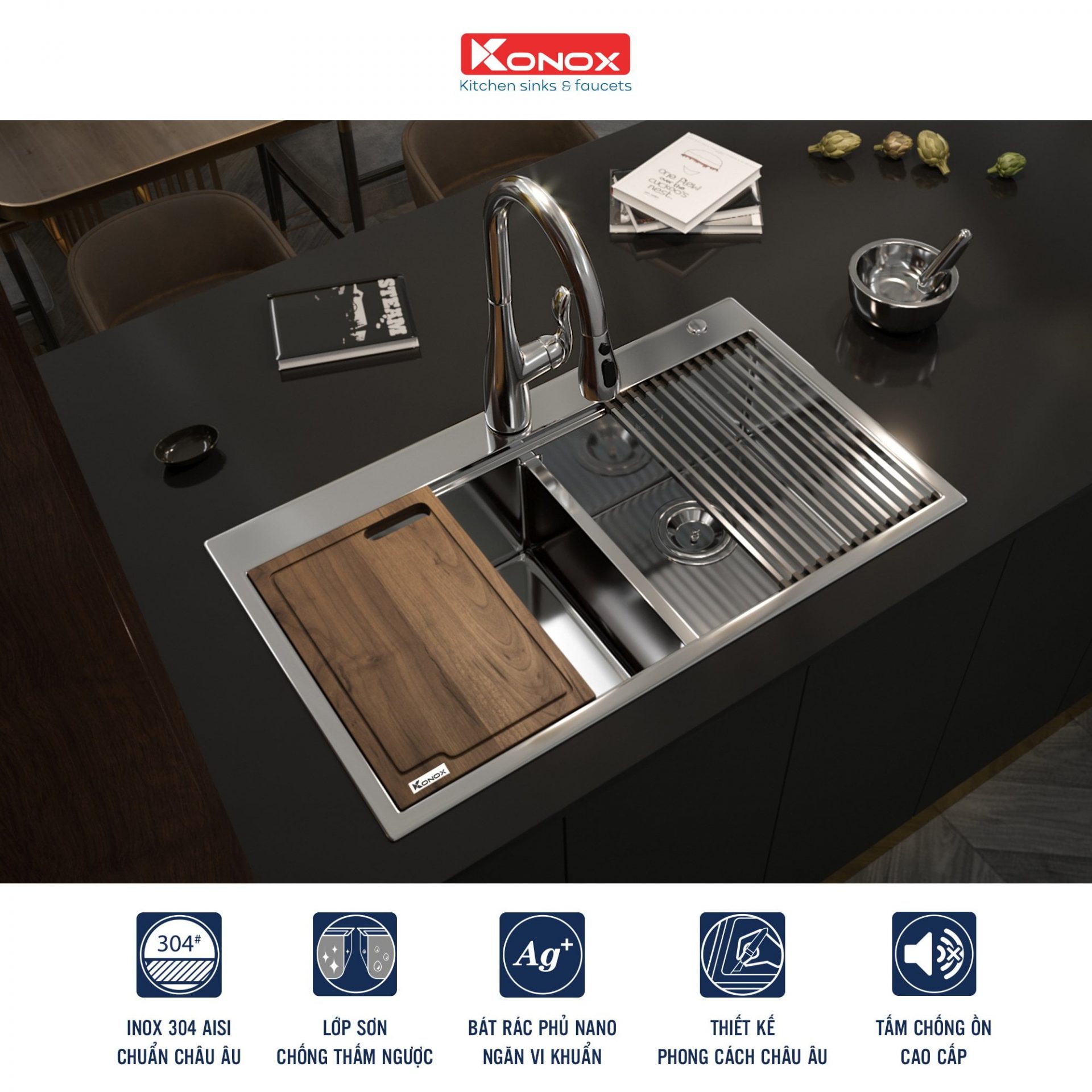 Chậu Rửa Bát Inox KONOX Workstation – Topmount sink KN8850TD