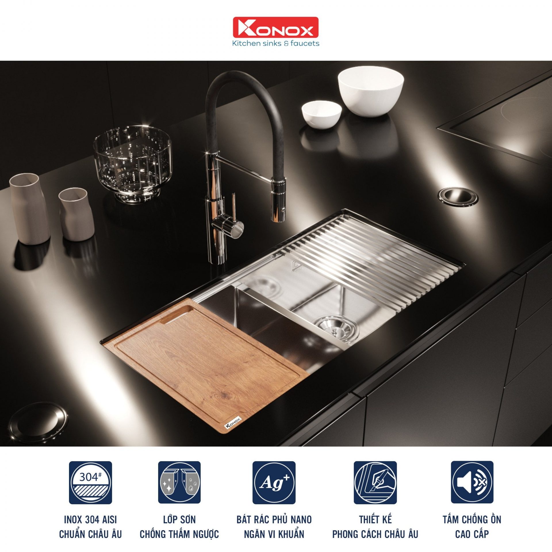 Chậu Rửa Bát Inox KONOX Workstation – Undermount sink KN8745DUB