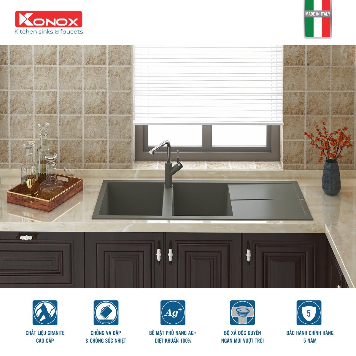 Chậu Rửa Bát Đá KONOX Granite Sink Livello 1160 – Grey