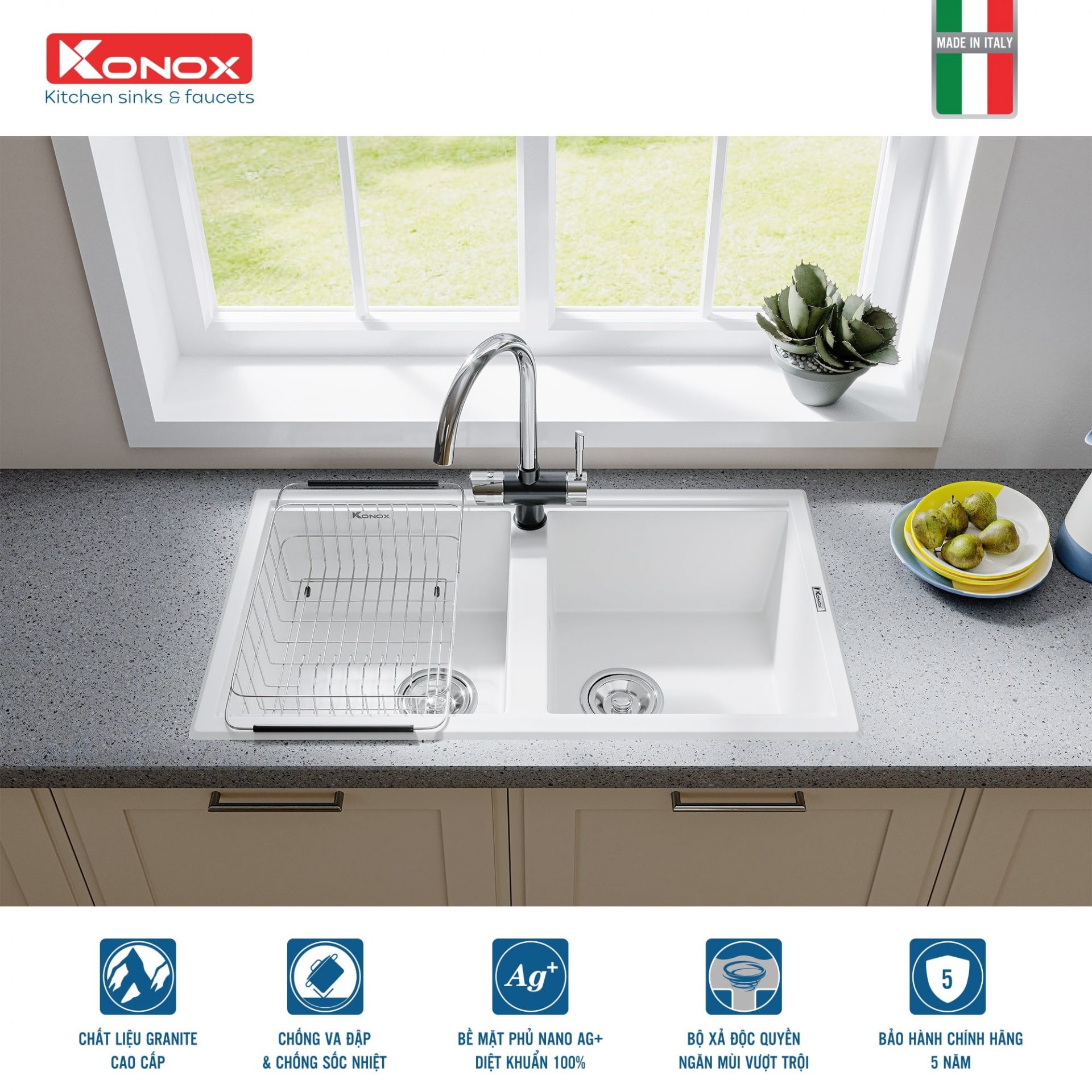 Chậu Rửa Bát Đá KONOX Granite Sink Phoenix 860 – White Silver