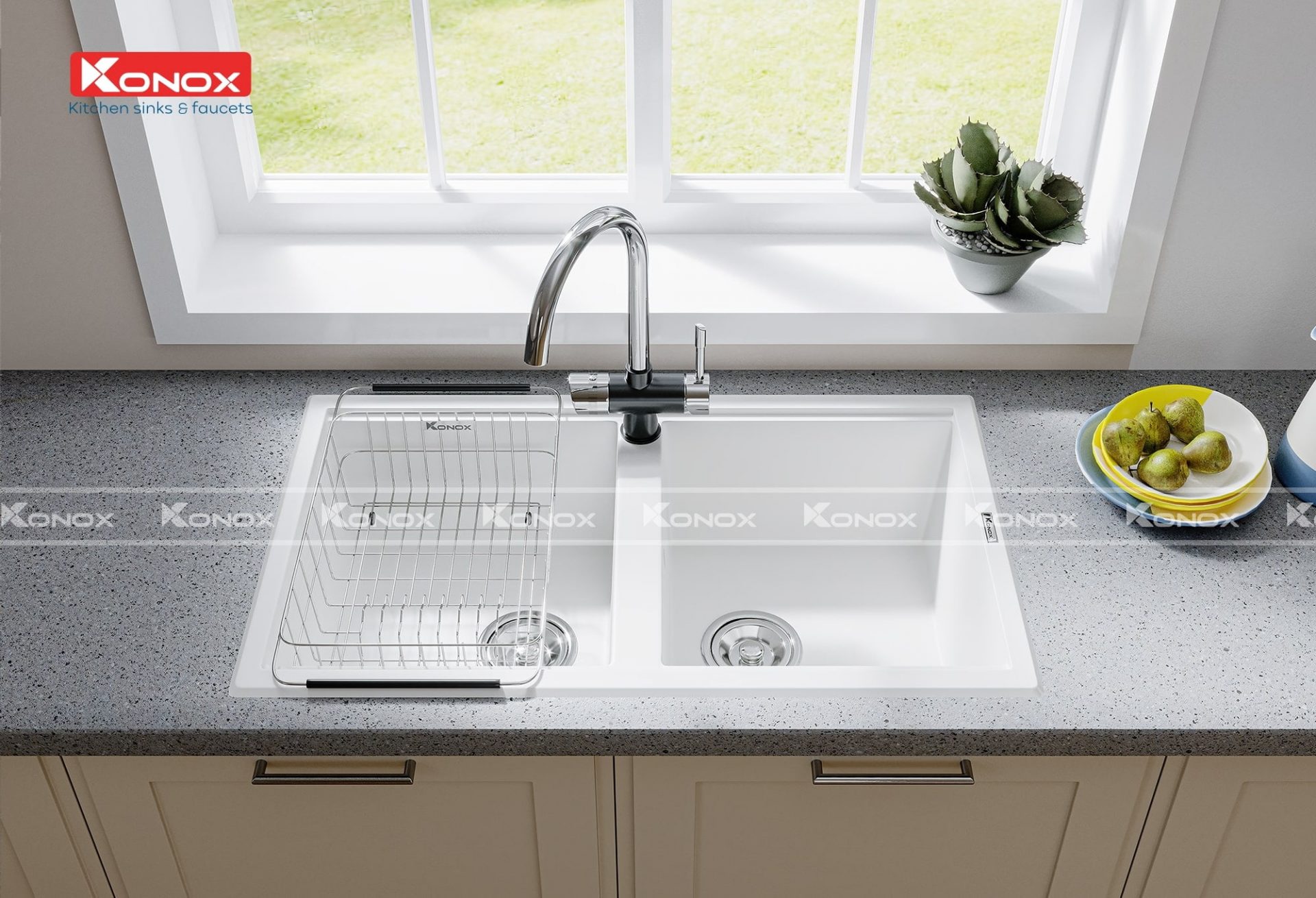 Chậu Rửa Bát Đá KONOX Granite Sink Phoenix 860 – White Silver