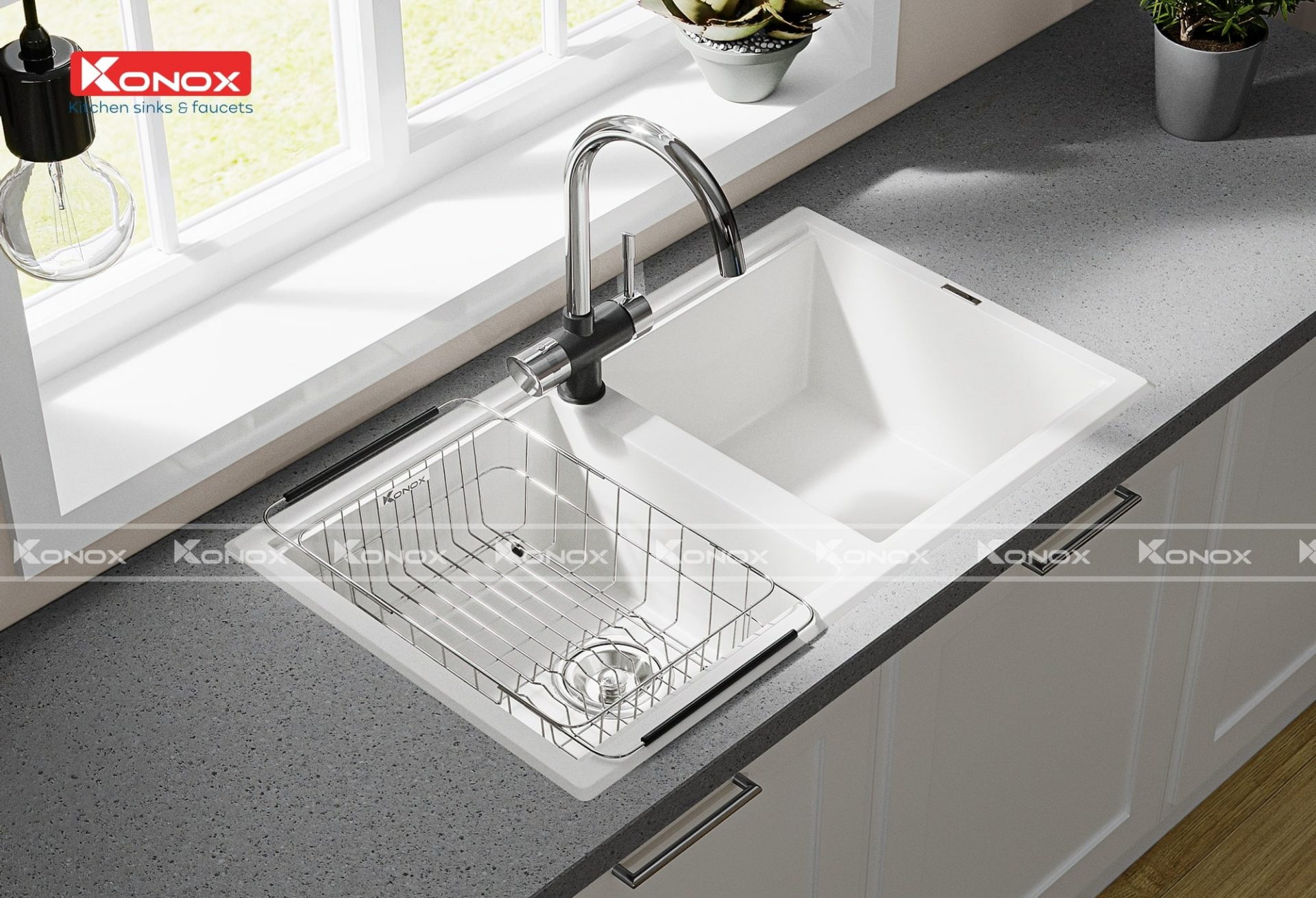 Chậu Rửa Bát Đá KONOX Granite Sink Phoenix 860 – White Silver