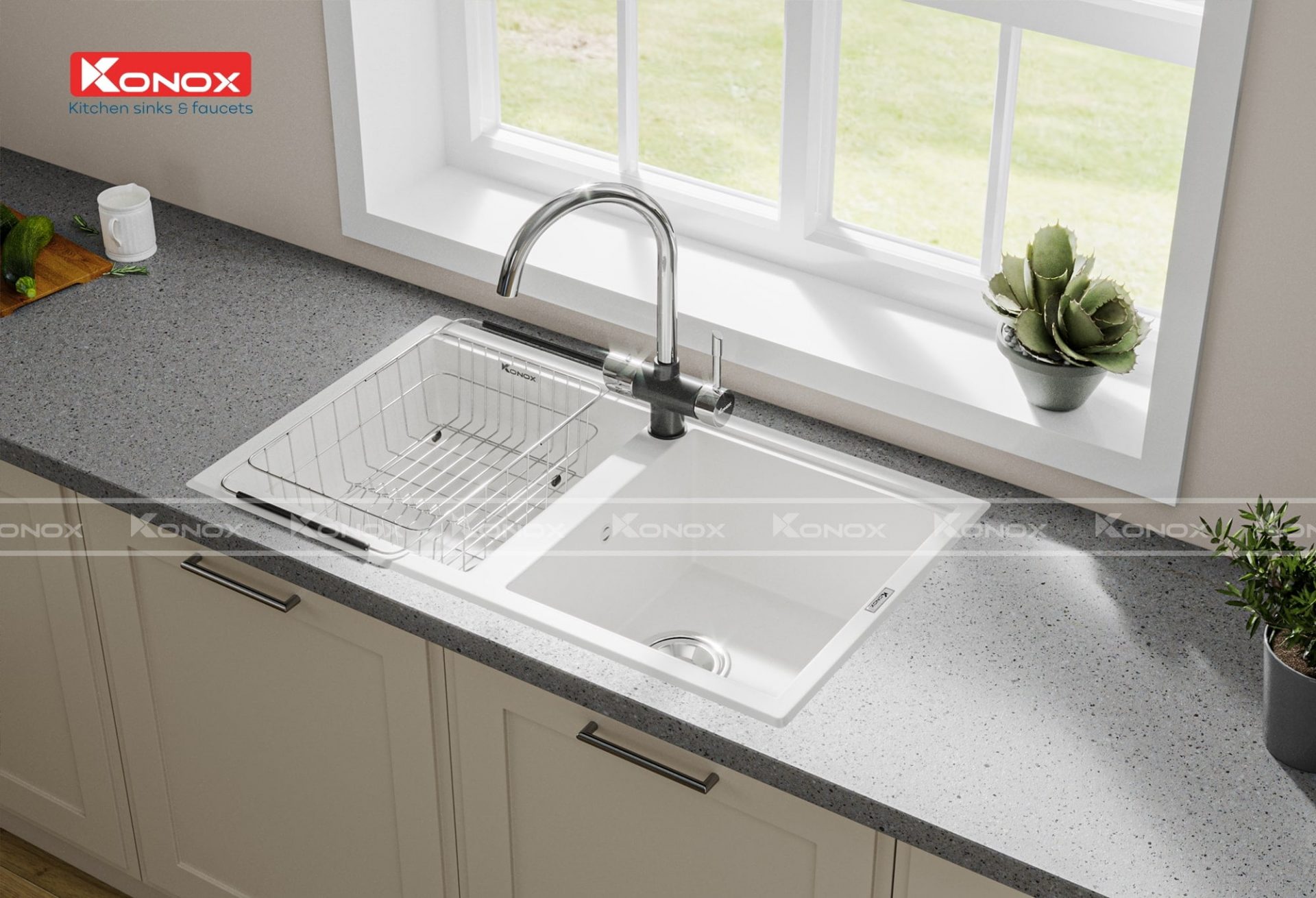 Chậu Rửa Bát Đá KONOX Granite Sink Phoenix 860 – White Silver