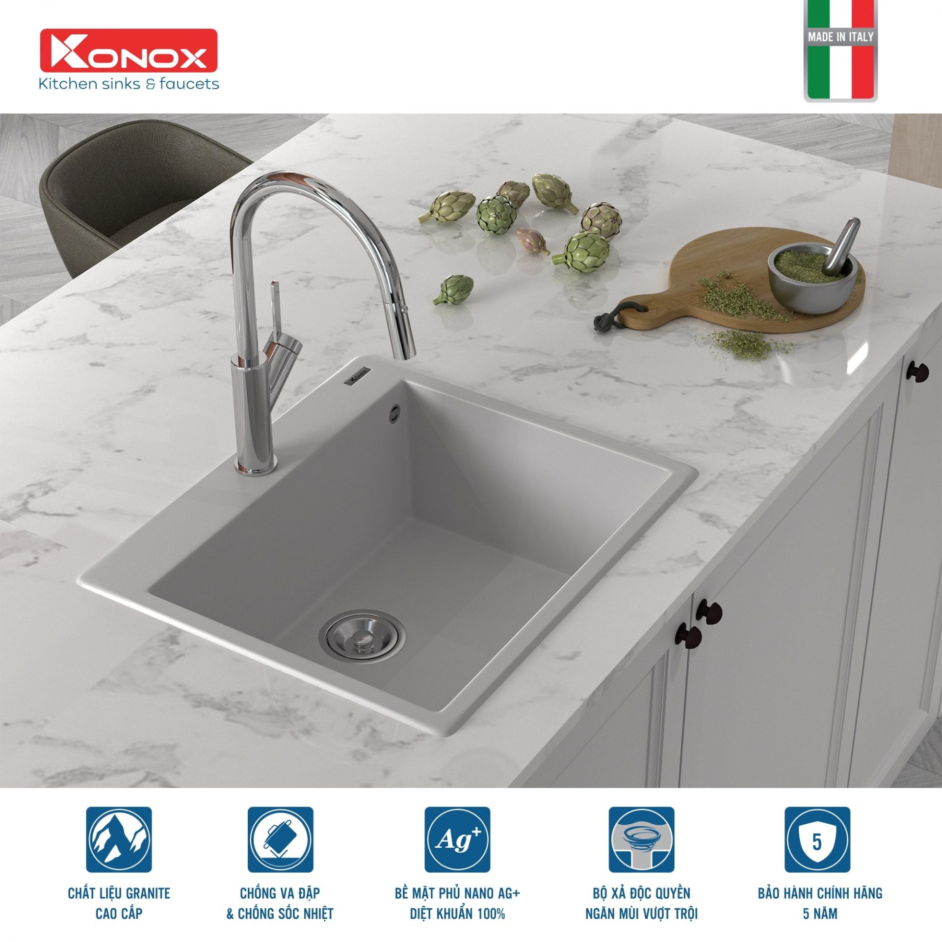 Chậu Rửa Bát Đá KONOX Granite Sink Ruvita 680 – White Silver