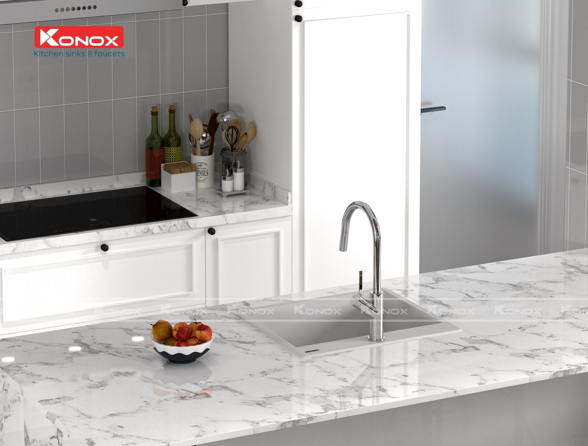 Chậu Rửa Bát Đá KONOX Granite Sink Ruvita 680 – White Silver