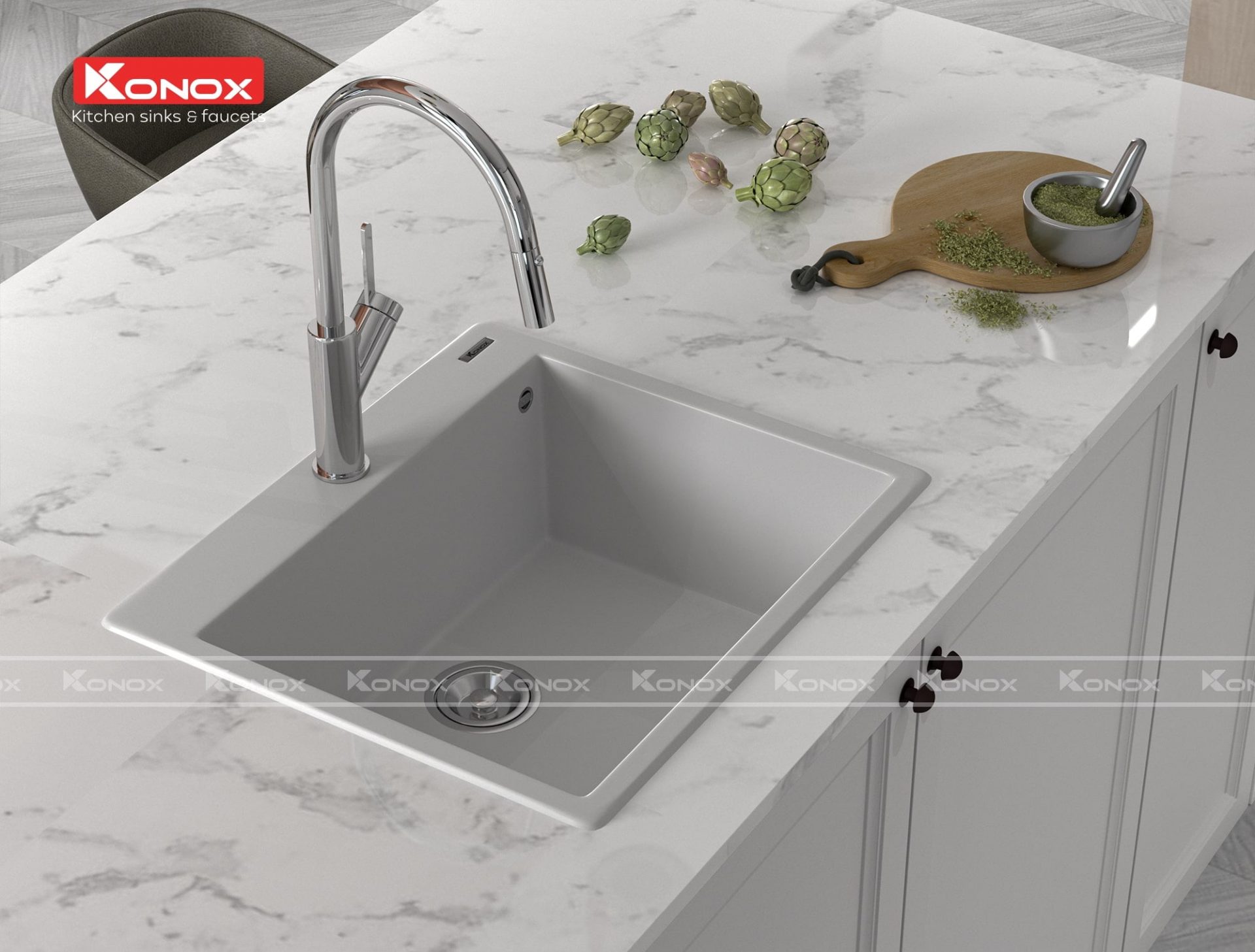 Chậu Rửa Bát Đá KONOX Granite Sink Ruvita 680 – White Silver