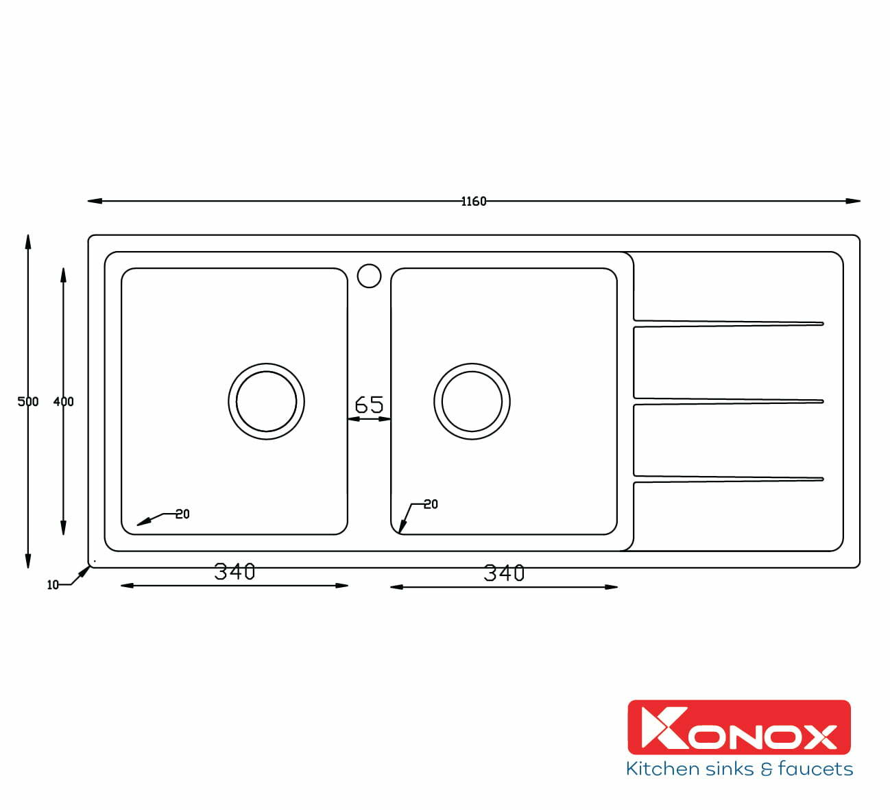 Chậu Rửa Bát Inox KONOX Turkey sink Beta 1160 – Bàn phải