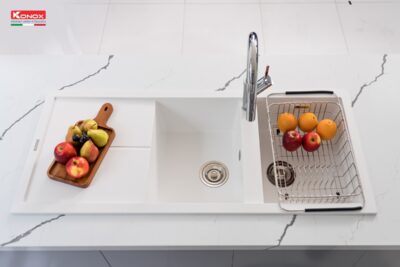 CHẬU RỬA CHÉN BÁT KONOX GRANITE SINK LIVELLO SMART 1160 WHITE SILVER